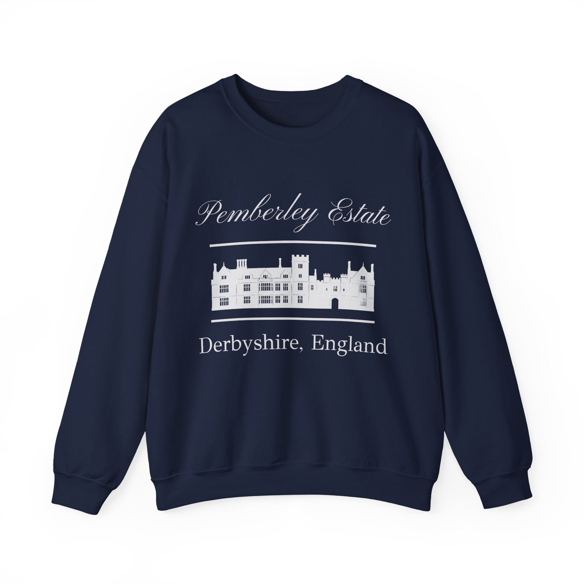 Pemberley Estate Derbyshire England lettering with building  unisex navy blue sweatshirt