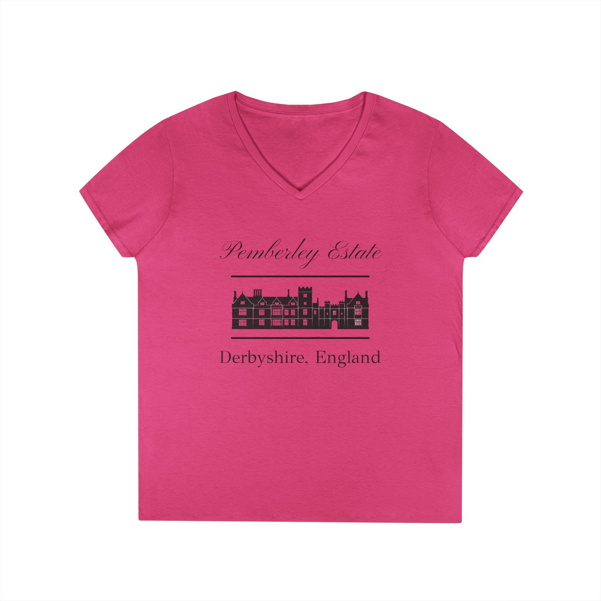 Pemberley Estate Derbyshire England with building text on woman's v-neck t-shirt - fuchsia color