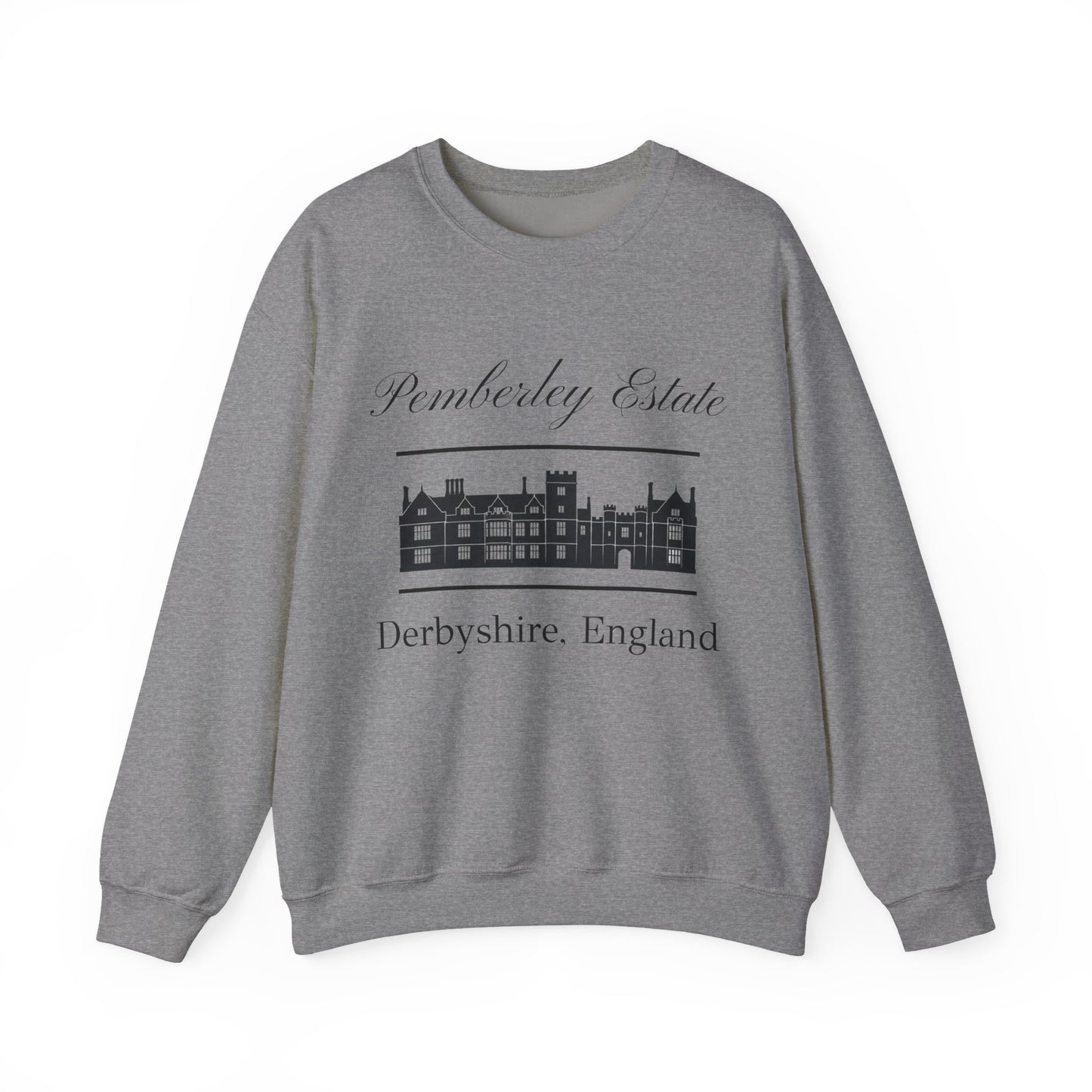 Pemberley Estate Derbyshire England lettering with building  unisex dark gray sweatshirt