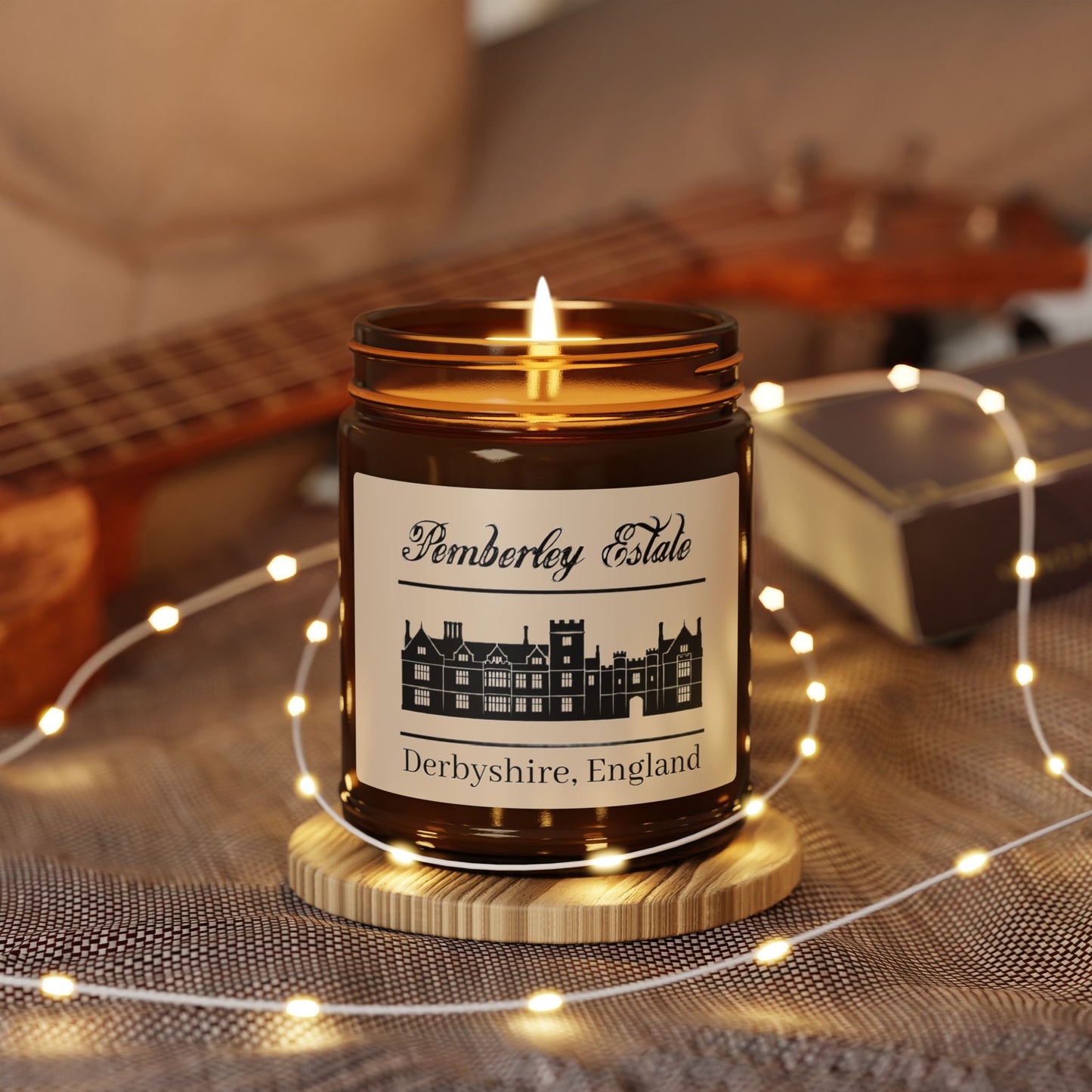 Pemberley Estate Derbyshire England with building black text on candle lit with lights