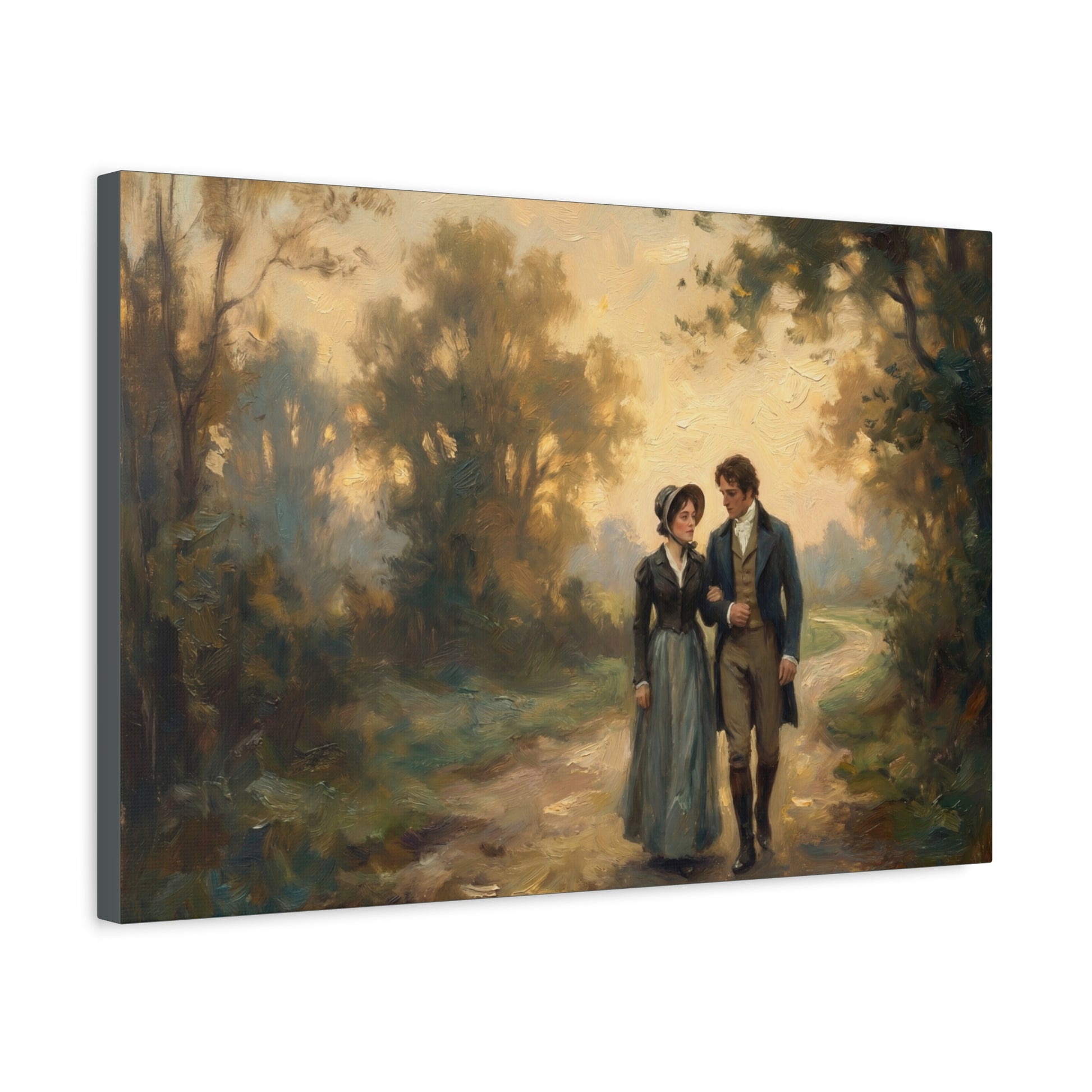 Painting of a couple walking along a path in a forest