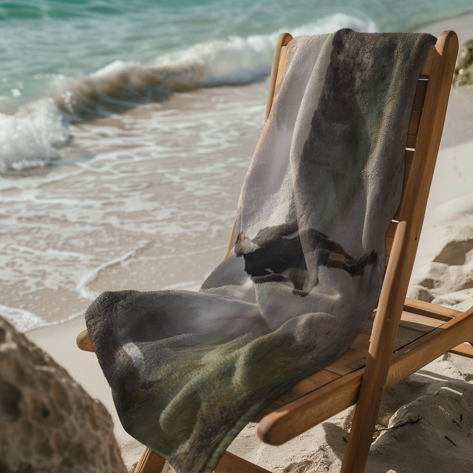 Wooden chair with a blanket draped over it on a sandy beach with ocean waves in the background