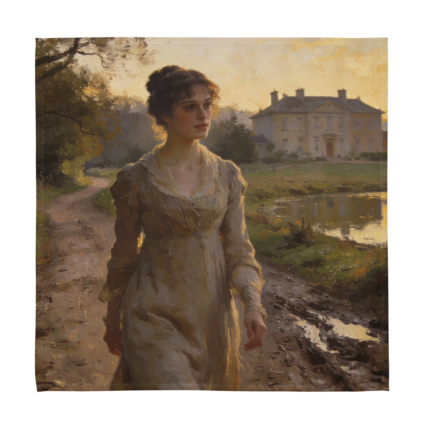 Cloth napkin featuring Elizabeth Bennet near Longbourn grounds at sunset, painterly romantic classic literature decor.