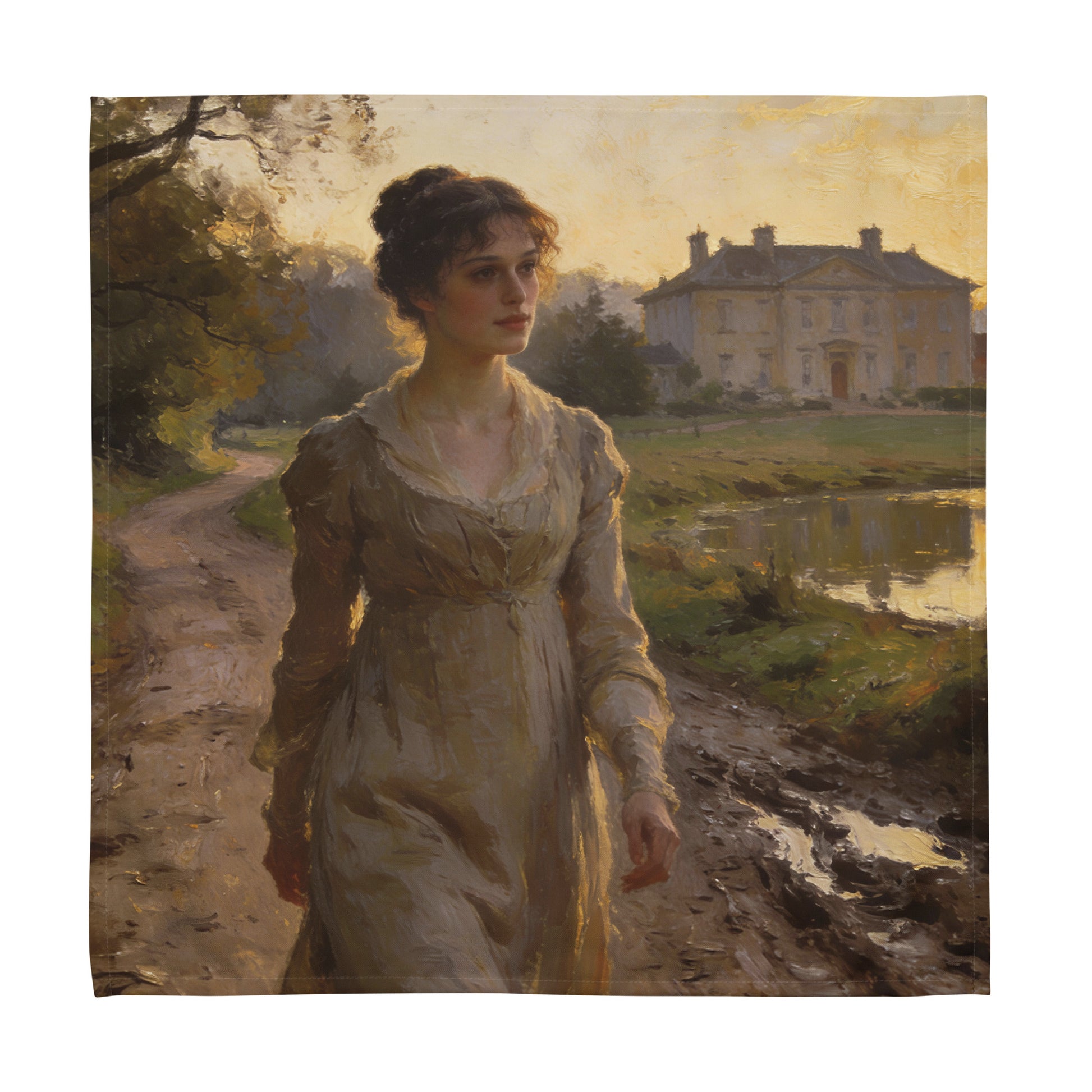 Cloth napkin featuring Elizabeth Bennet near Longbourn grounds at sunset, painterly romantic classic literature decor.