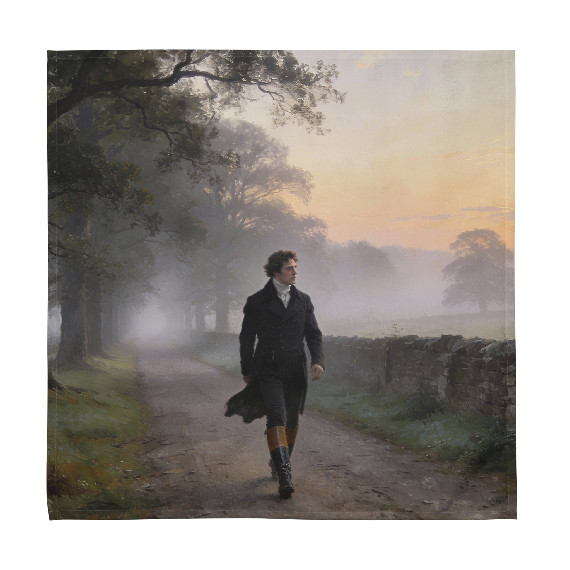Cloth napkin with oil-painting-style scene of Mr. Darcy walking a misty country lane, Regency-inspired table linen.