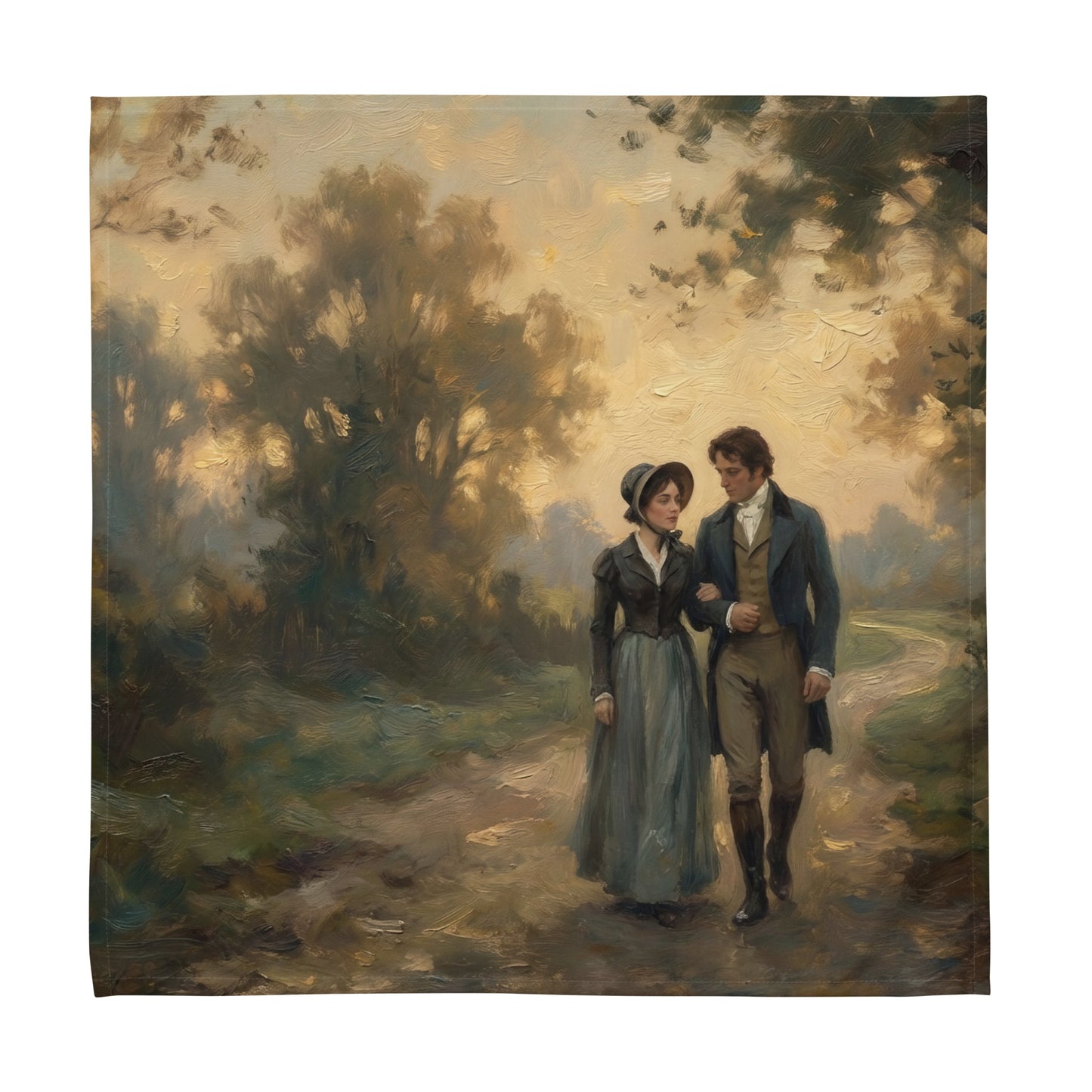 Cloth napkin featuring Elizabeth Bennet and Mr. Darcy walking together at golden hour, romantic Regency oil painting style.