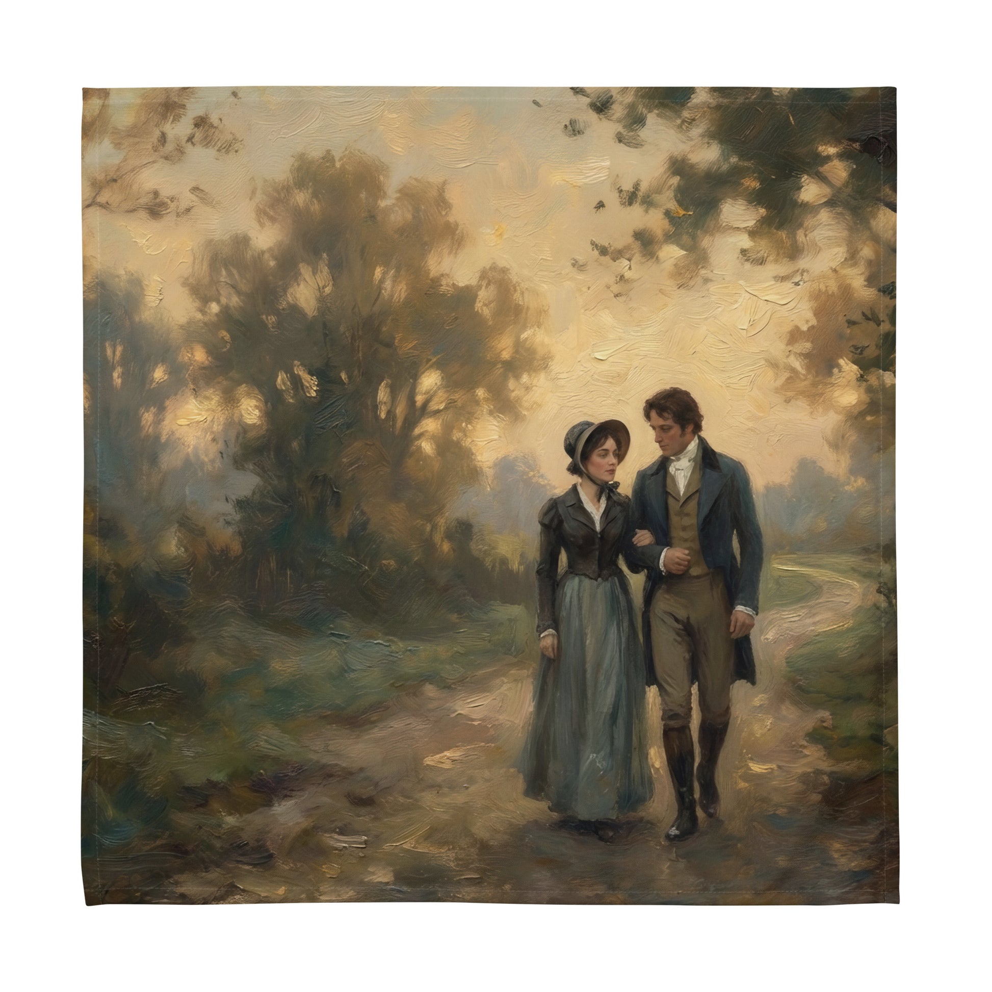 Cloth napkin featuring Elizabeth Bennet and Mr. Darcy walking together at golden hour, romantic Regency oil painting style.