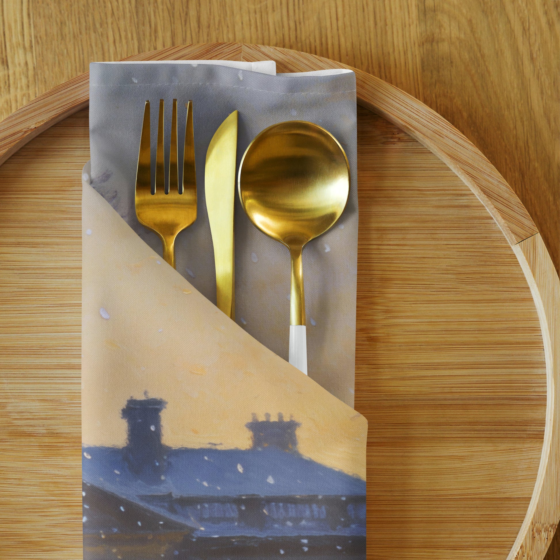 Folded Cloth napkin featuring Elizabeth Bennet and Mr. Darcy walking together at golden hour, romantic Regency oil painting style.