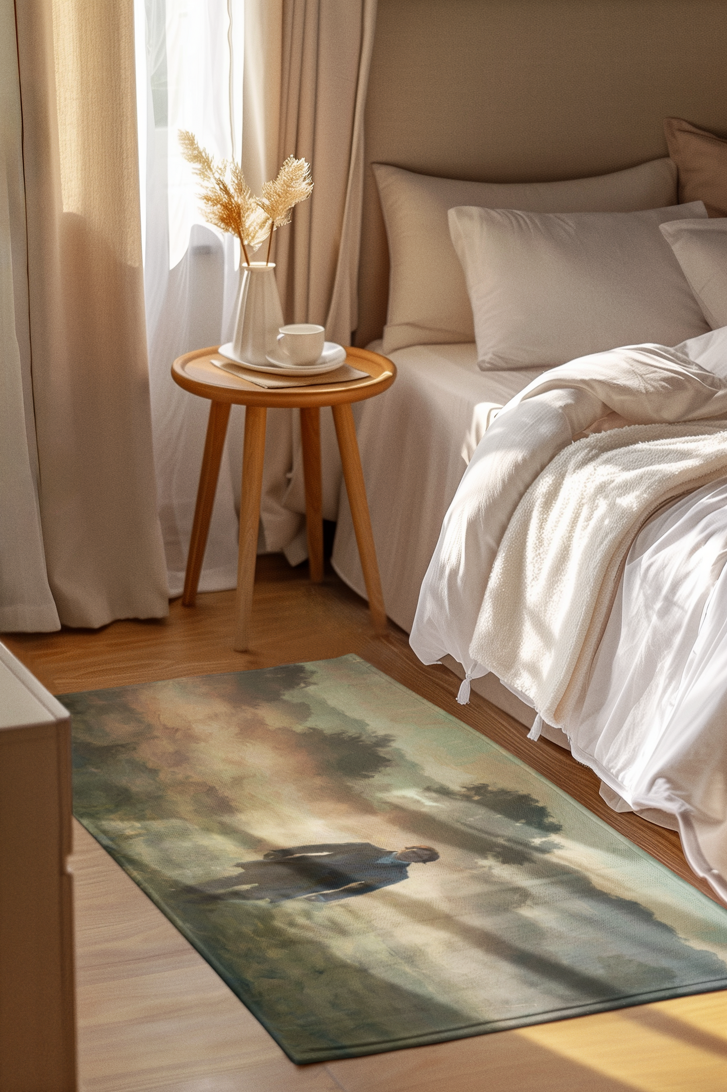 Room interior with a bed, side table, and decorative rug featuring a nature scene.