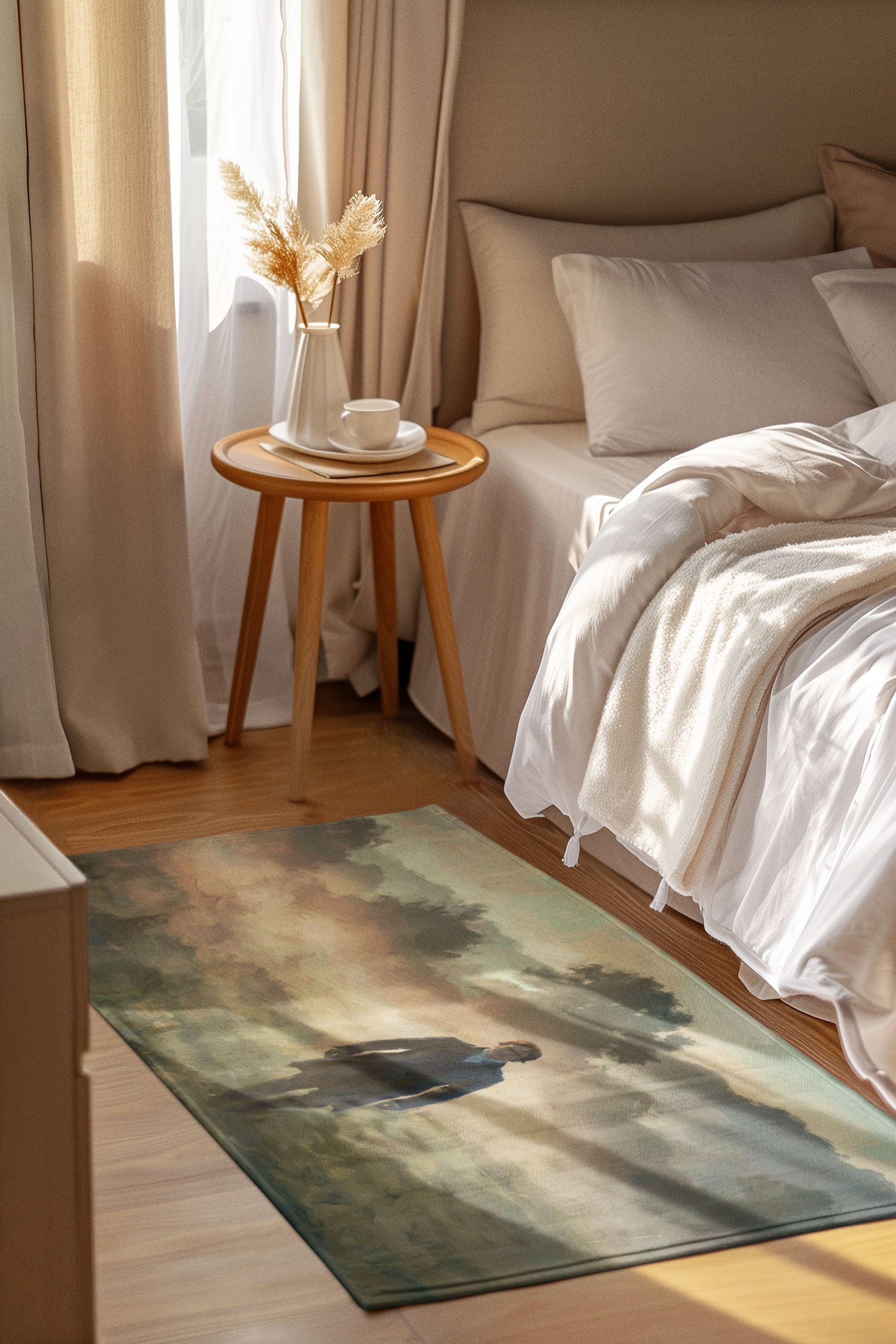 Room interior with a bed, side table, and decorative rug featuring a nature scene.