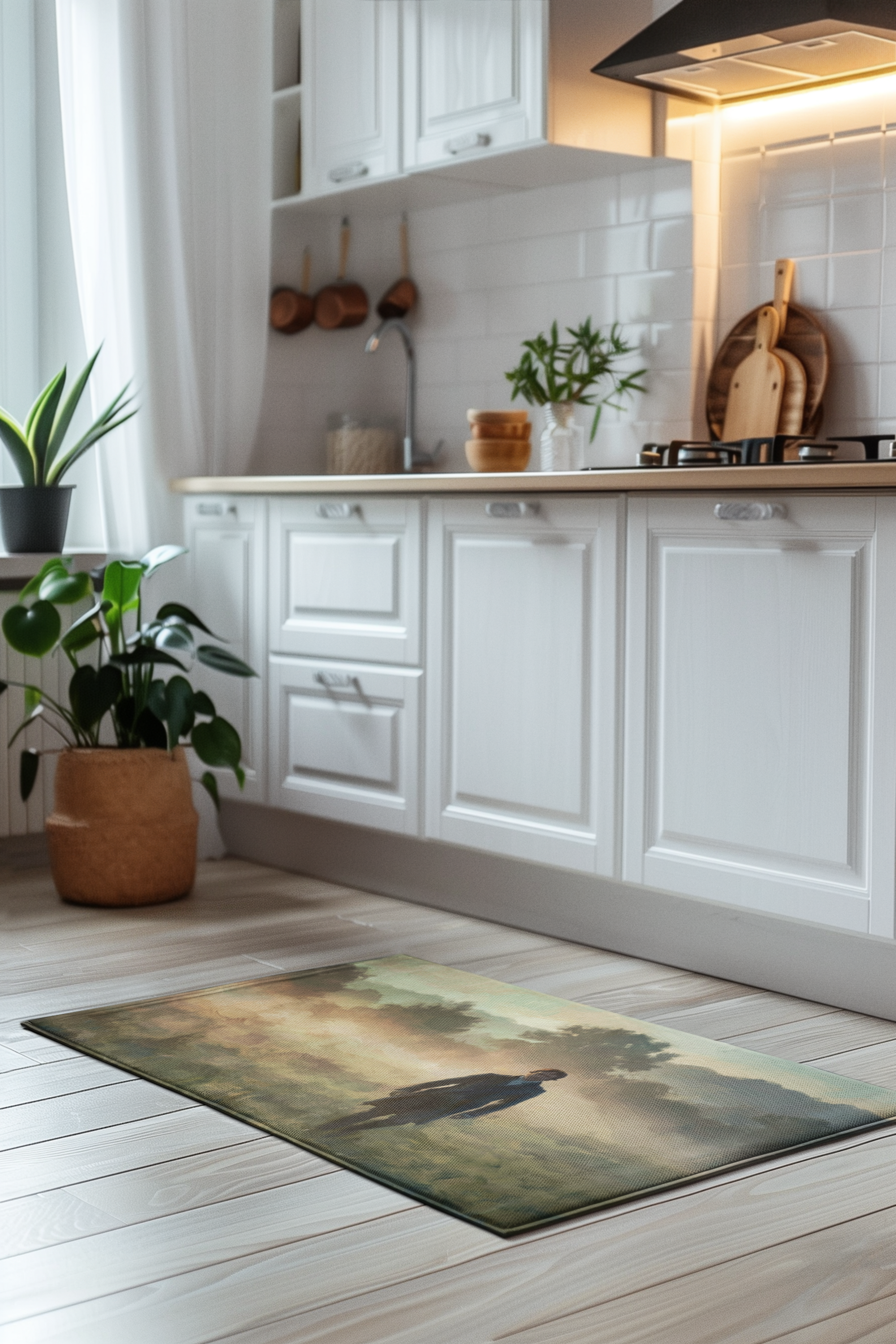 Kitchen with a decorative rug featuring a nature scene on a wooden floor.