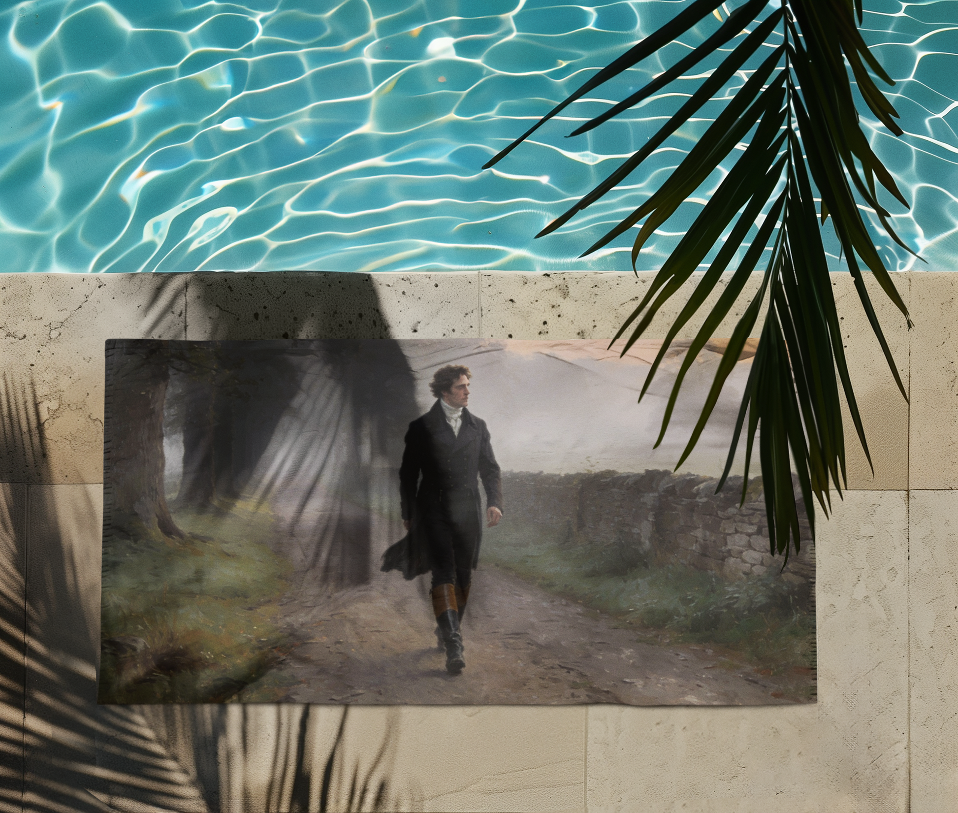 Mr. Darcy beach towel laid out next to a pool