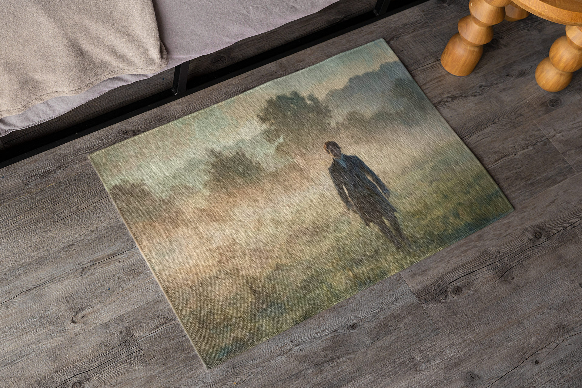 Mr. Darcy area rug on a wooden floor.