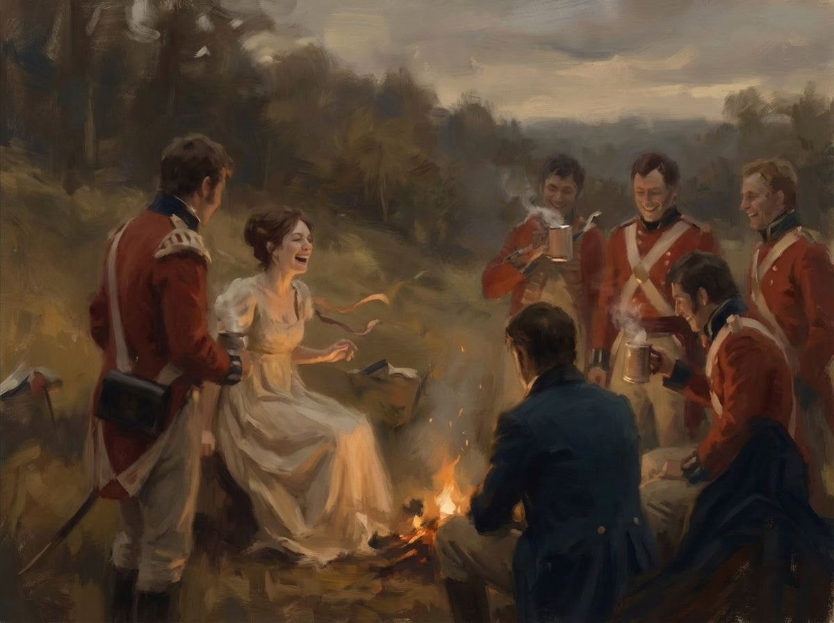 Lydia Bennet laughing with a group of soldiers around a campfire