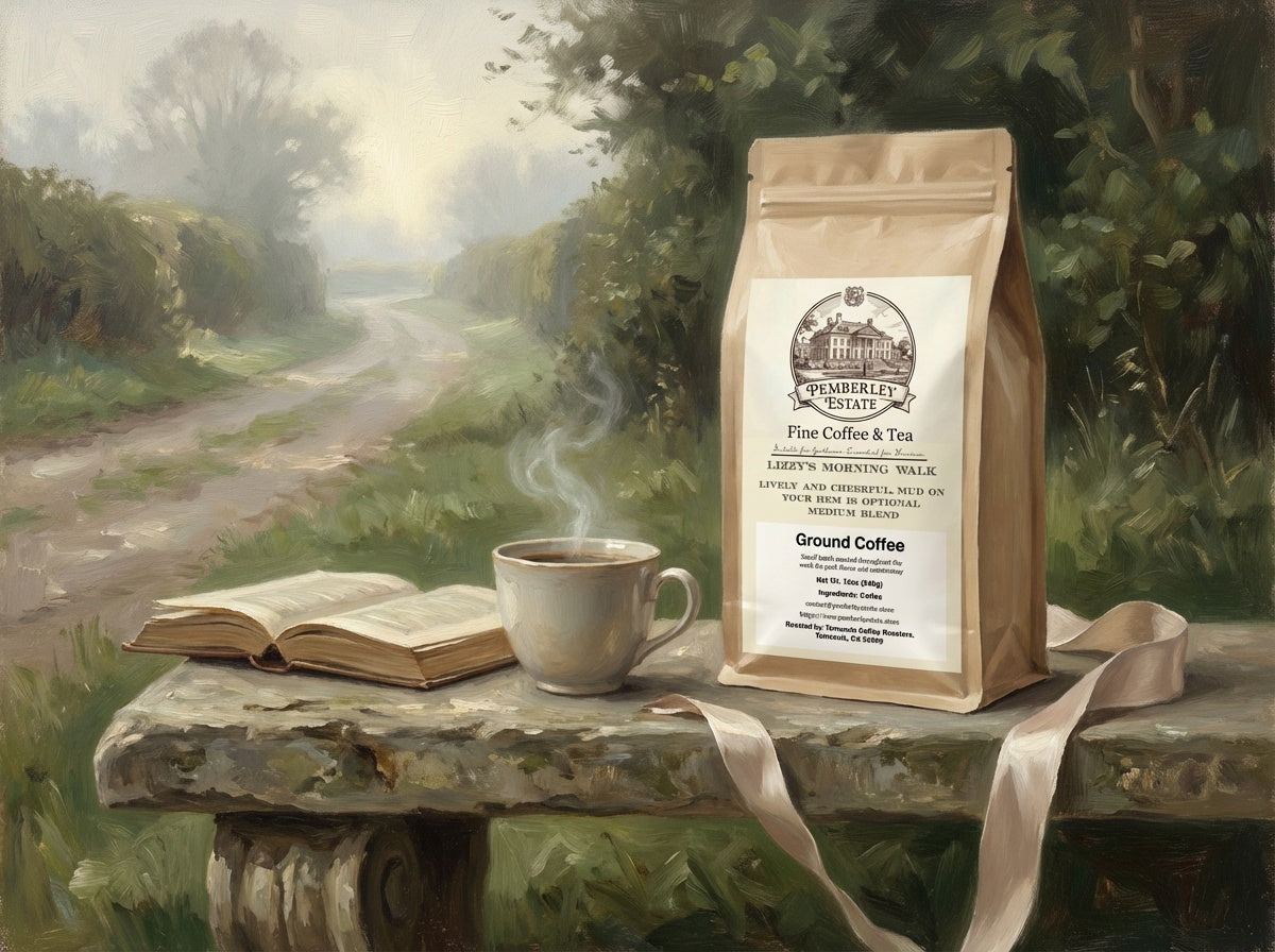 Painterly image of a package of coffee on a garden bench with a hot cup of coffee and a book