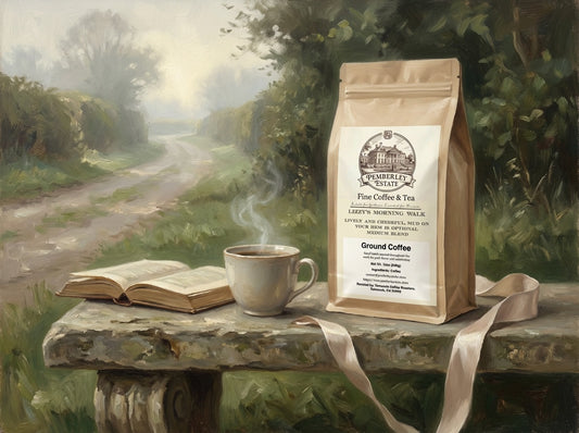 Painterly image of a package of coffee on a garden bench with a hot cup of coffee and a book