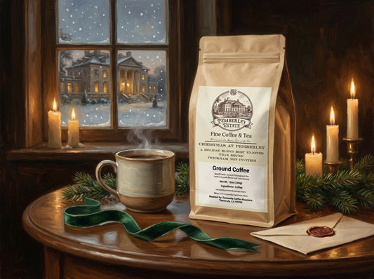 Painterly image of a package of coffee on a table at Christmas time