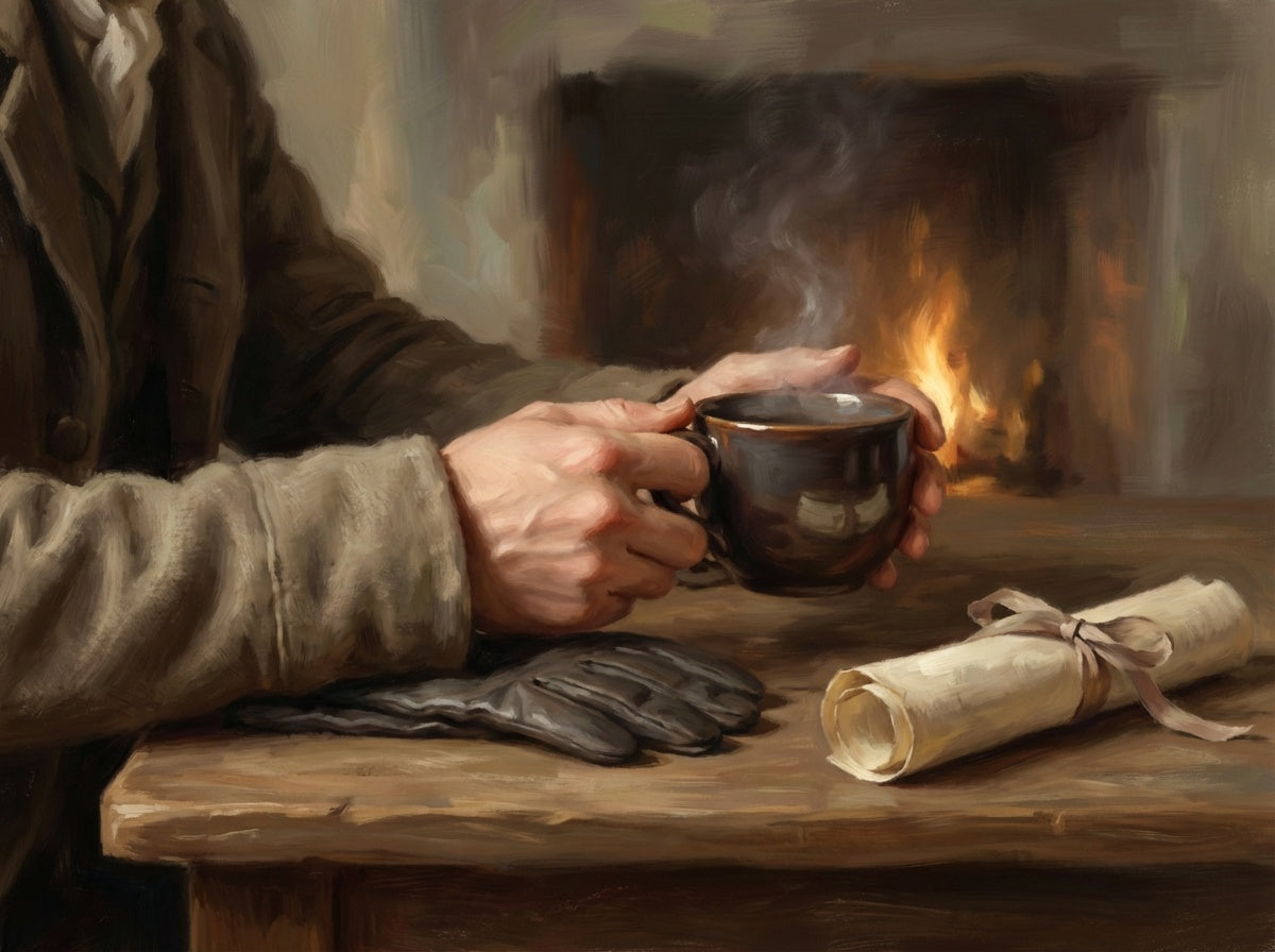 Painterly image of Mr. Charles Bingley holding a hot cup of coffee