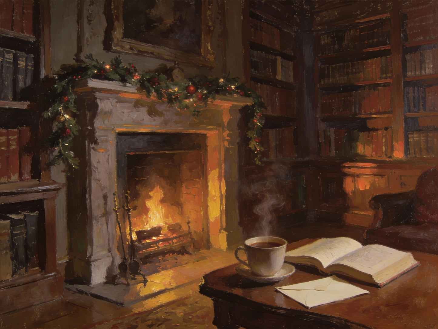 Painterly image of a hot cup of coffee on a table near a fire at Pemberley Estate
