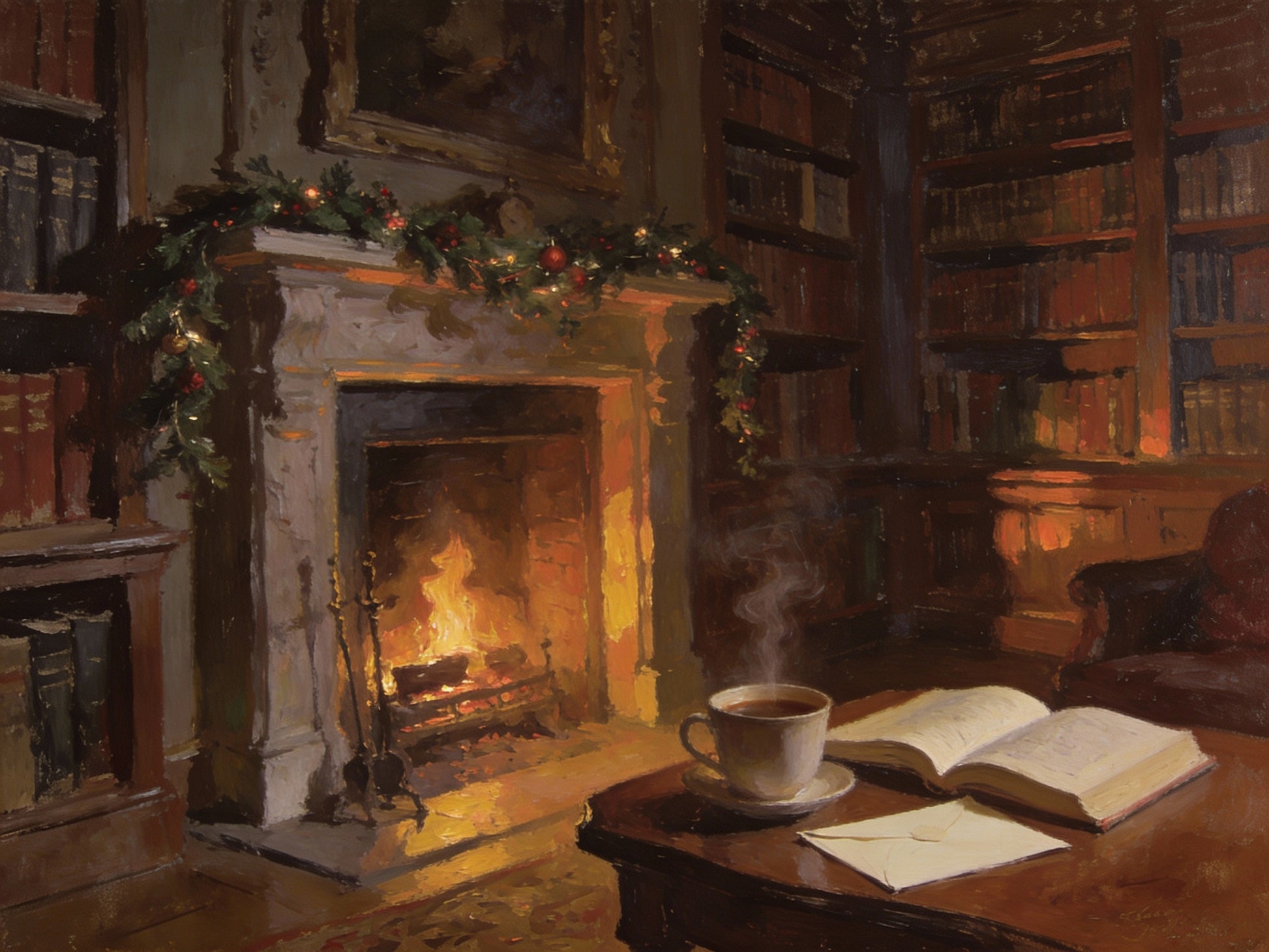 Painterly image of a hot cup of coffee on a table near a fire at Pemberley Estate