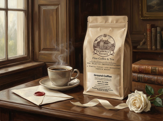 Painterly image of a package of coffee sitting on a table with a sealed letter and a hot cup of coffee