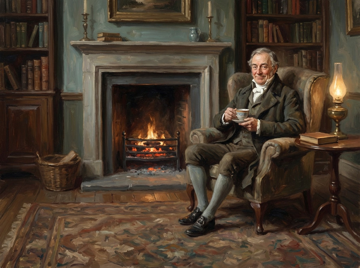 Mr. Bennet in his library enjoying a cup of coffee