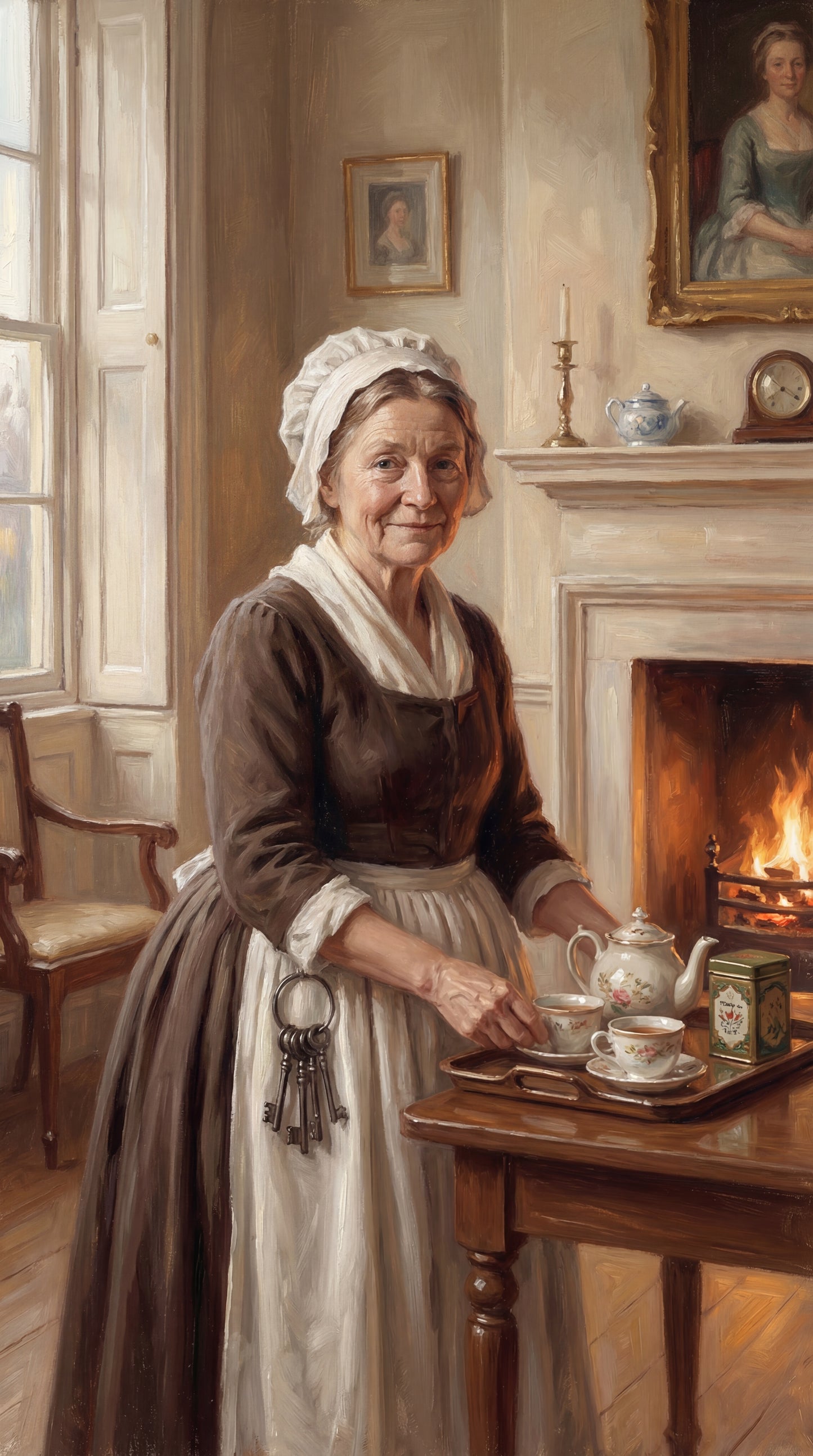 Mrs Reynolds with a tray of tea at Pemberley Estate
