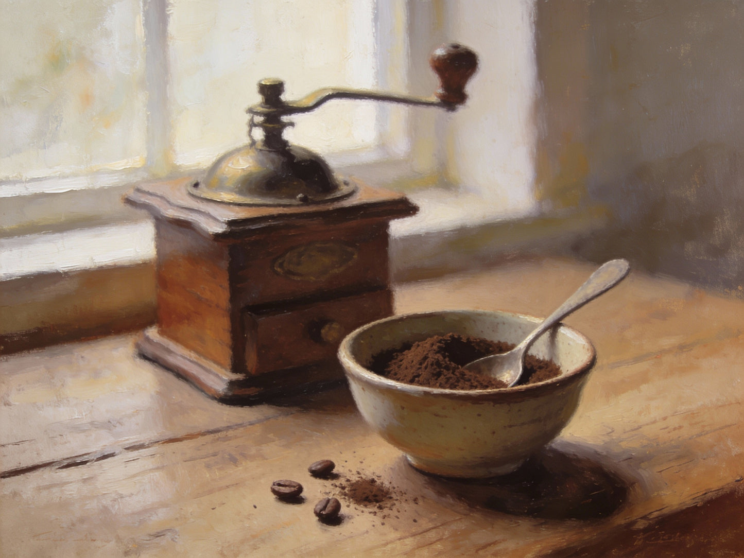 Vintage coffee grinder with a bowl of ground coffee and beans on a wooden surface.