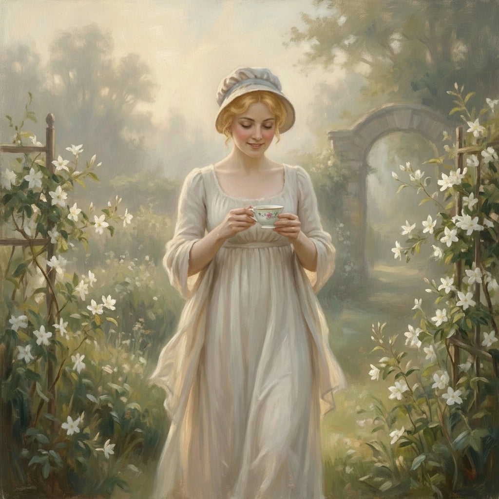 Painterly image of Miss Jane Bennet walking in a garden with a cup of tea