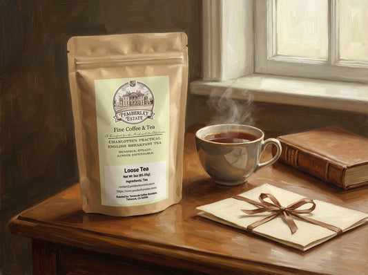 Painterly image of English Breakfast tea in package on a table with a hot cup of tea and a letter