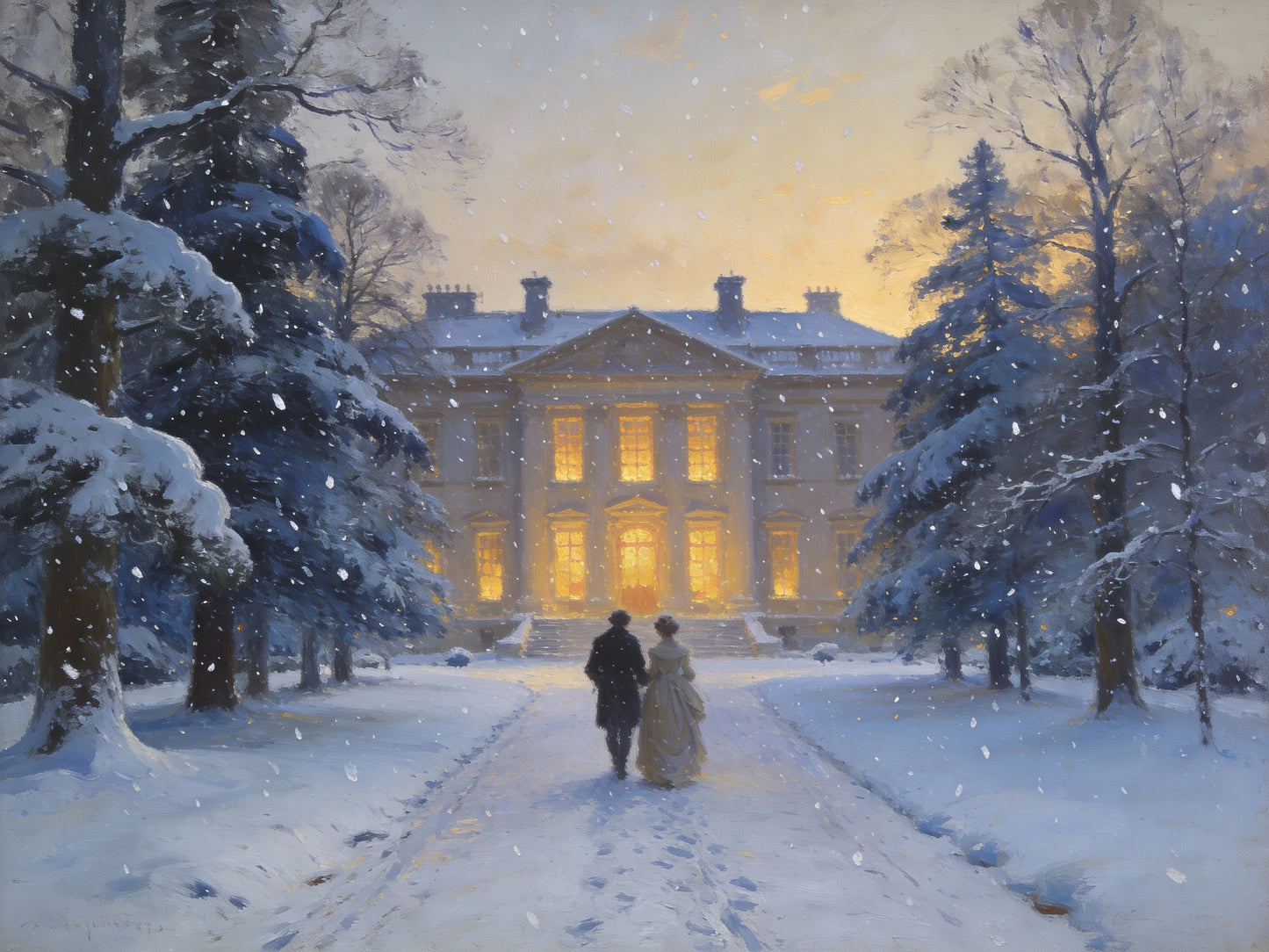 Painterly image of Mr. and Mrs. Darcy walking in the snow up to Pemberley Estate