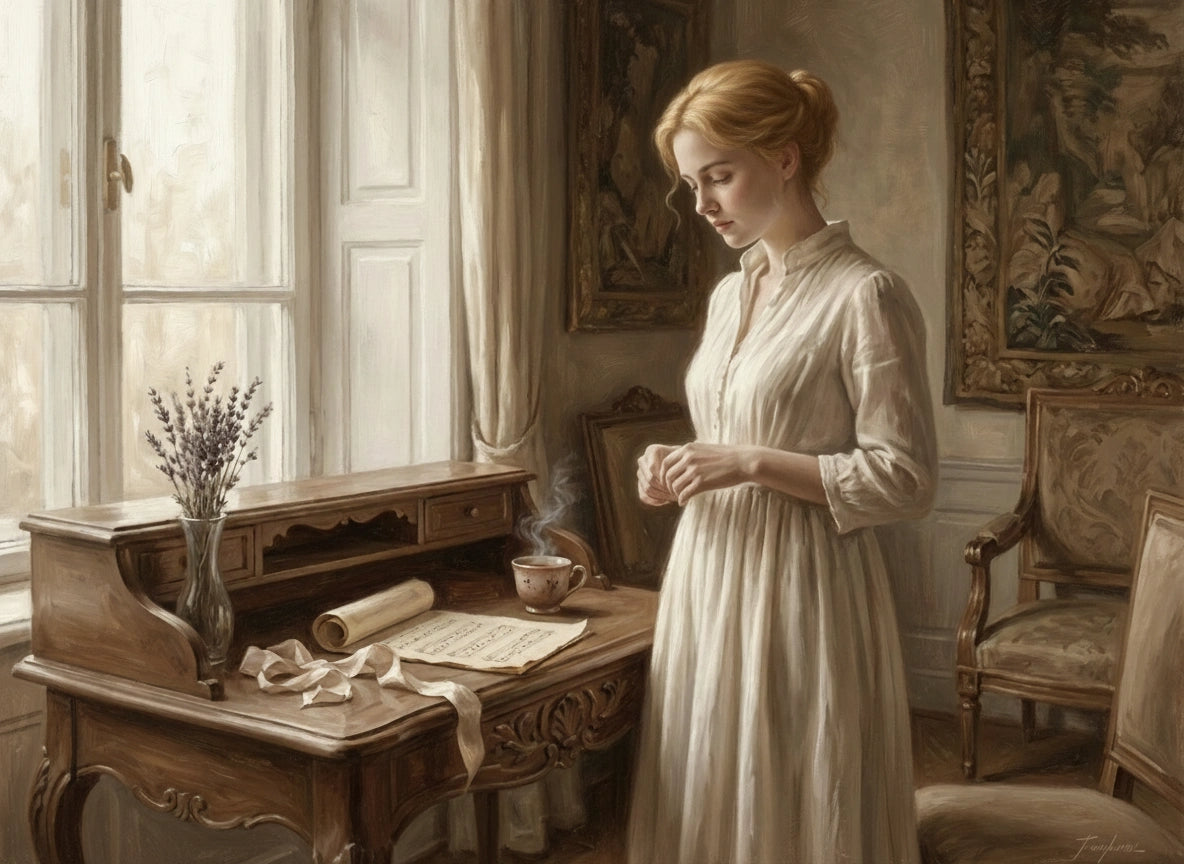 painterly image of Miss Georgiana Darcy at her desk with a cup of coffee and some sheet music