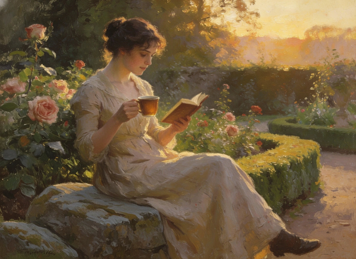 Painterly image of Miss Elizabeth Darcy sitting in her garden with a cup of coffee and a book
