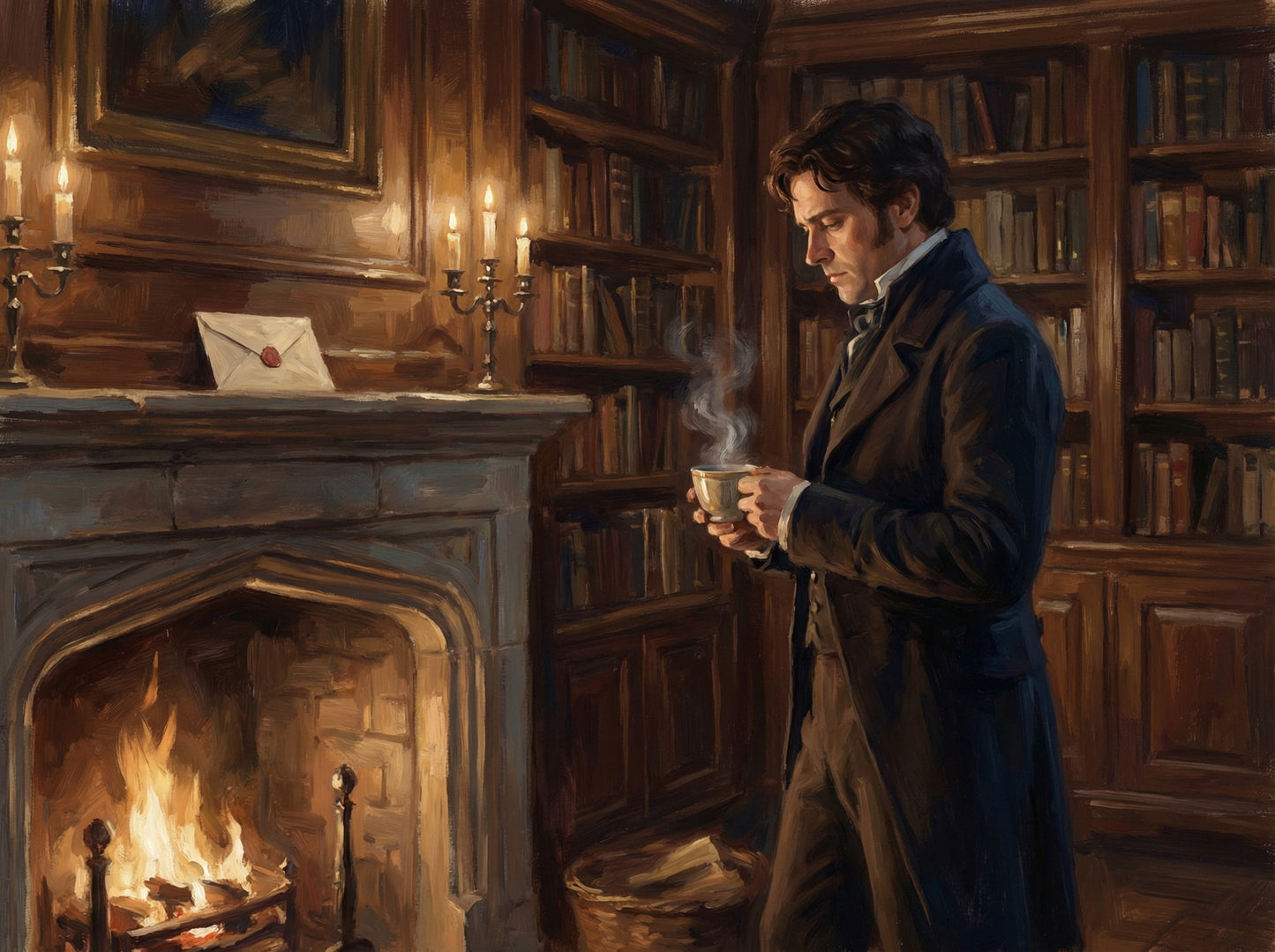 Mr. Darcy next a fire at Pemberley 