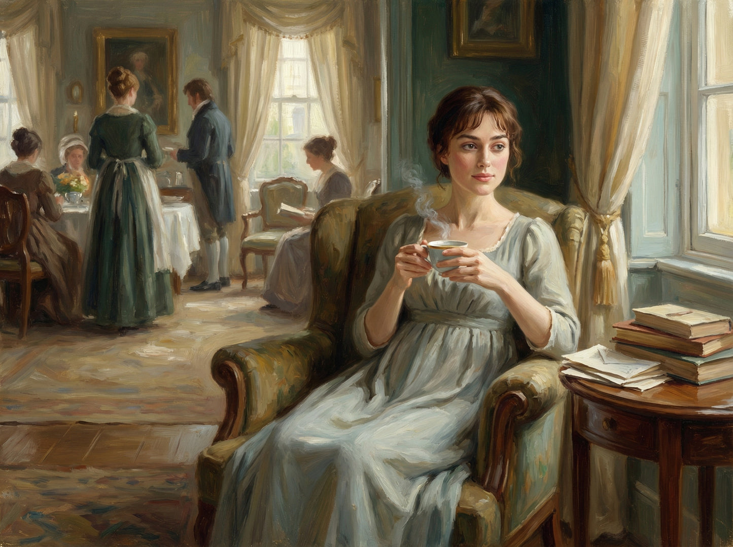 Elizabeth Bennet sitting at home with a cup of coffee