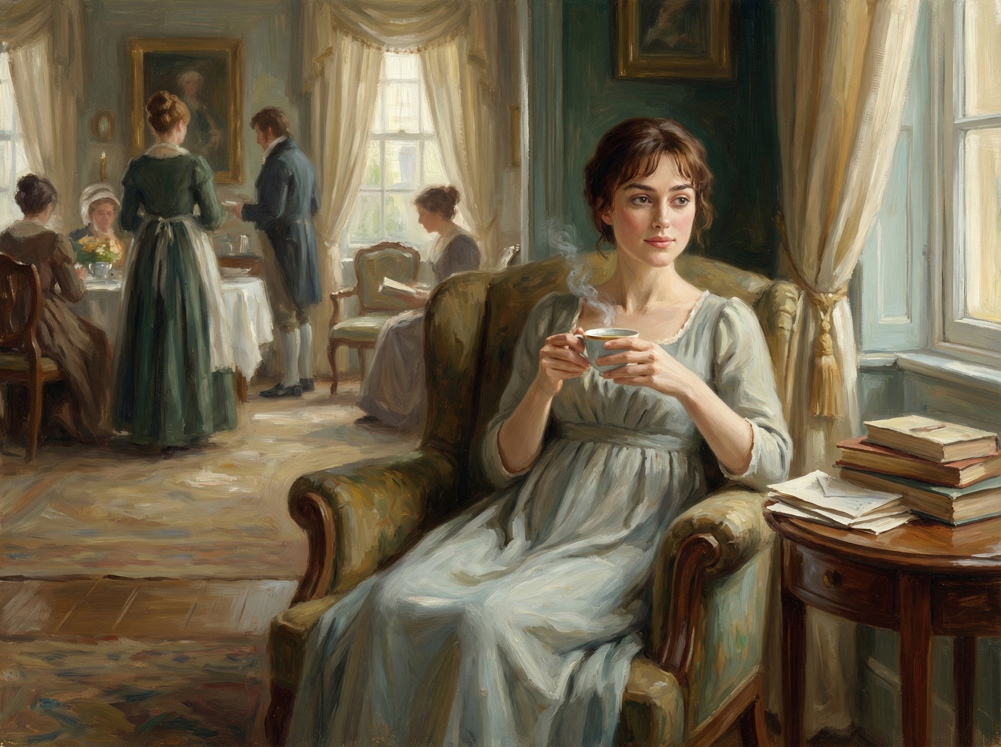 Elizabeth Bennet sitting at home with a cup of coffee