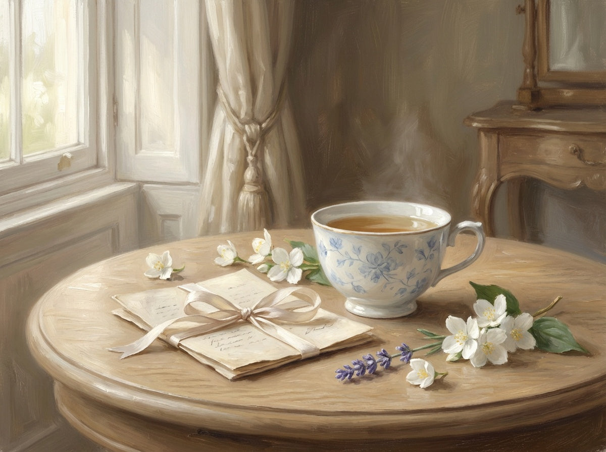 Painterly image of a hot cup of Jasmine tea and a letter with some Jasmine flowers