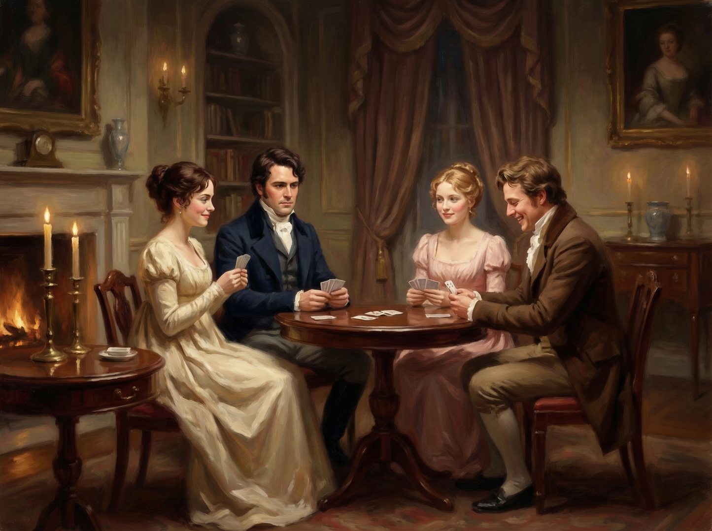 Four people sitting around a table in a Victorian-style room with candles and books.