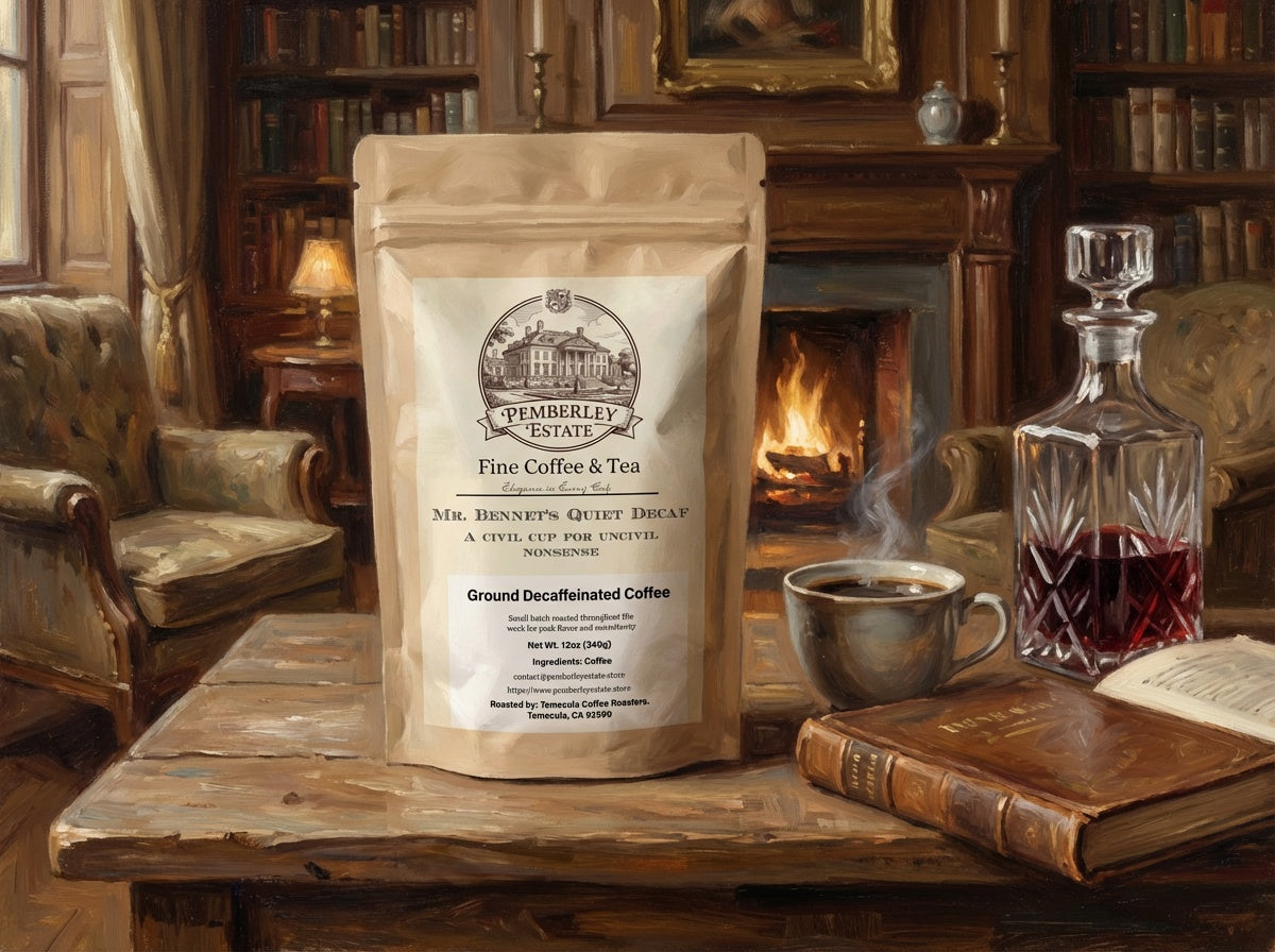 package of coffee on a library table with a decanter of sherry wine