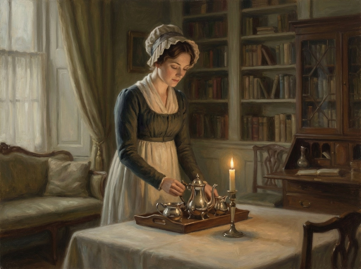 Painterly image of Charlotte Lucas preparing a tray of tea