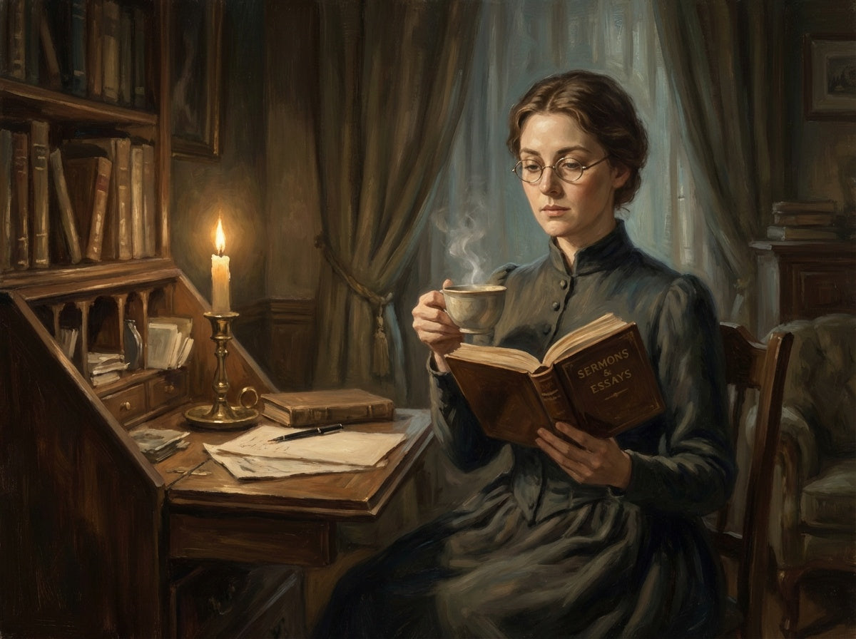 Mary Bennet reading with a cup of tea
