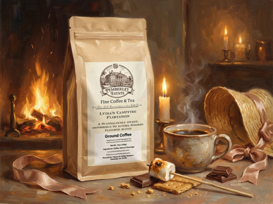 Package of coffee next to a fire with a bonnet and cup of coffee