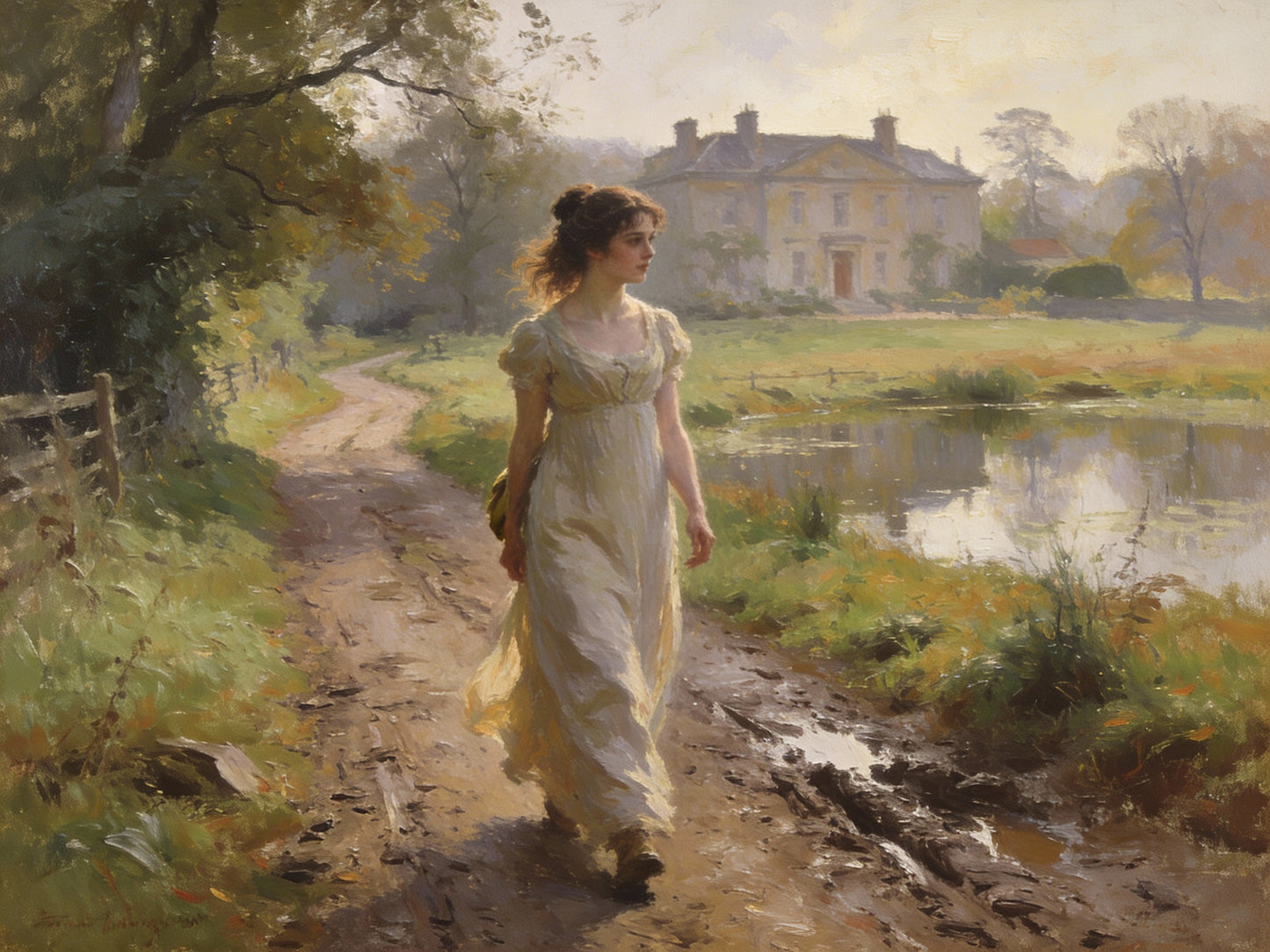 Painterly image of Miss Elizabeth Bennet walking near her home