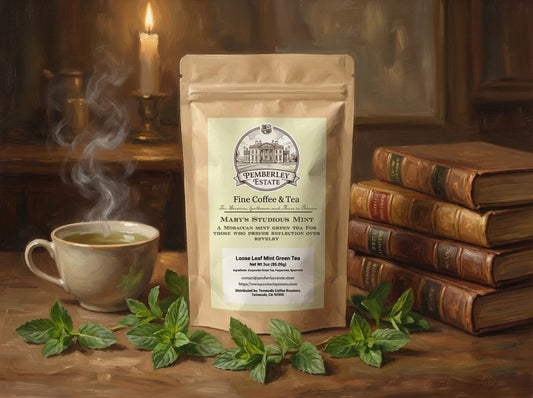 Mint tea in a pouch with a stack of books 