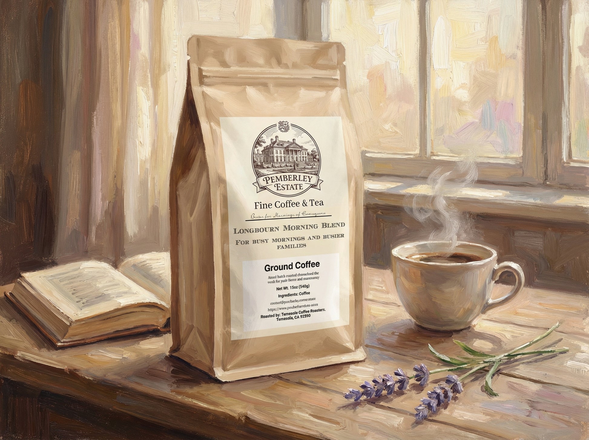 Coffee in a package on a table with an open book and a cup of brewed coffee