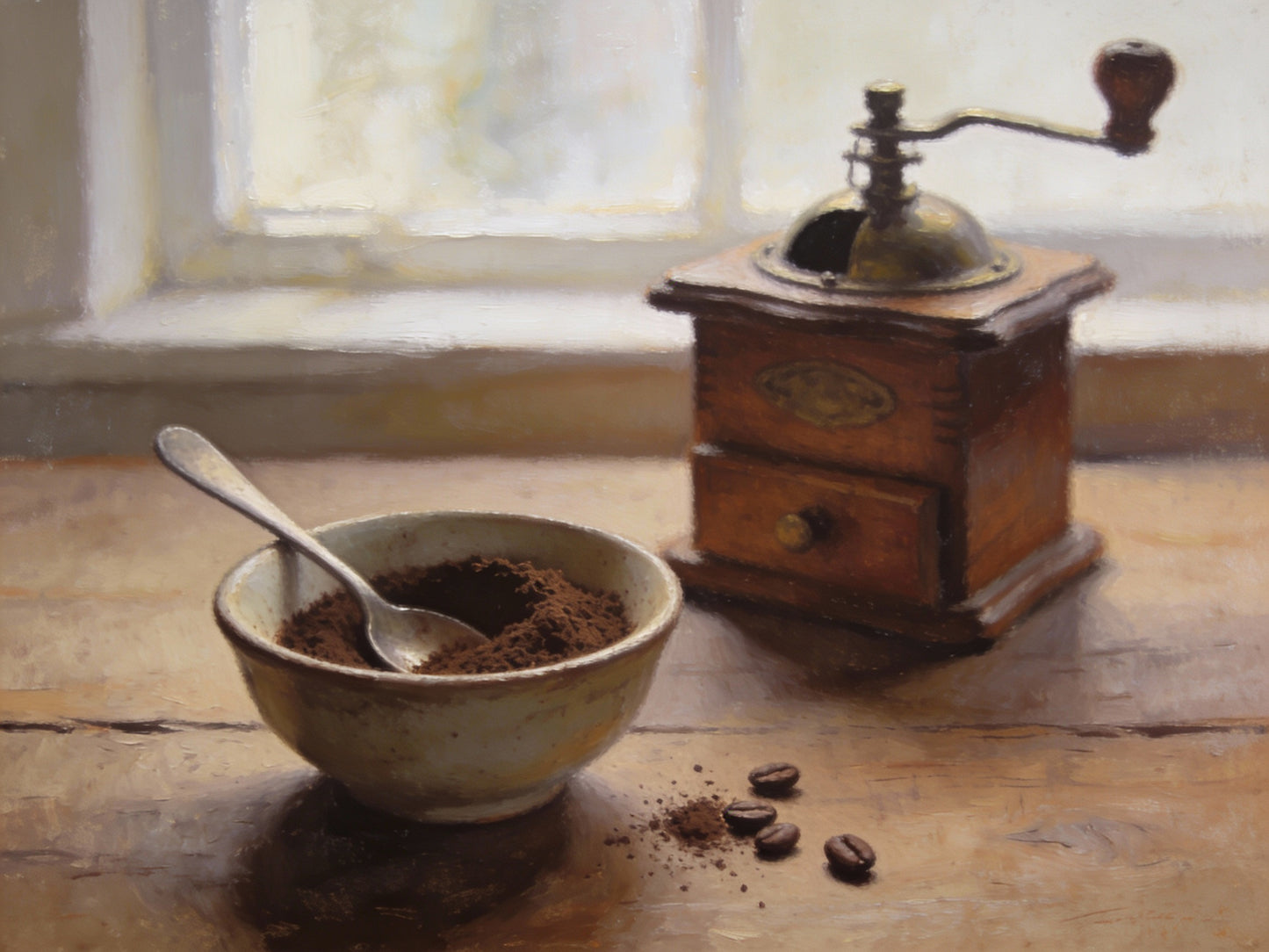 Wooden coffee grinder with a bowl of ground coffee and coffee beans on a wooden surface.