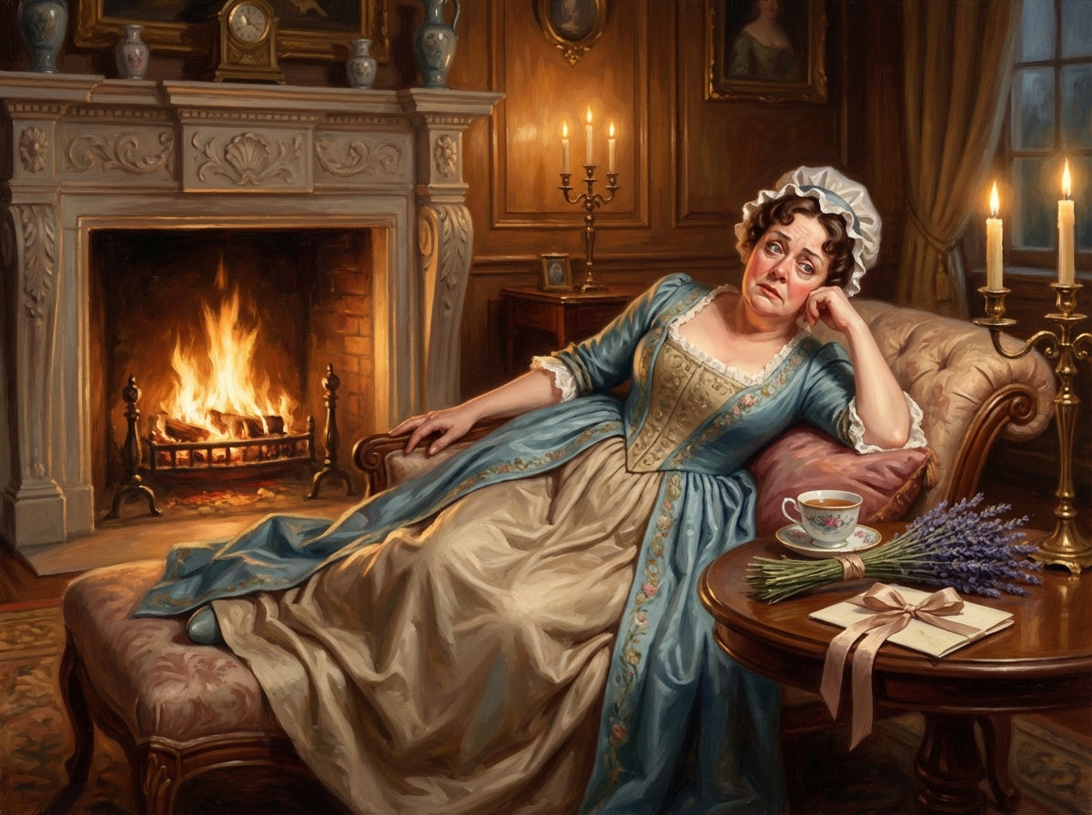 Painterly image of Mrs. Bennet on chaise with tea next to a fire