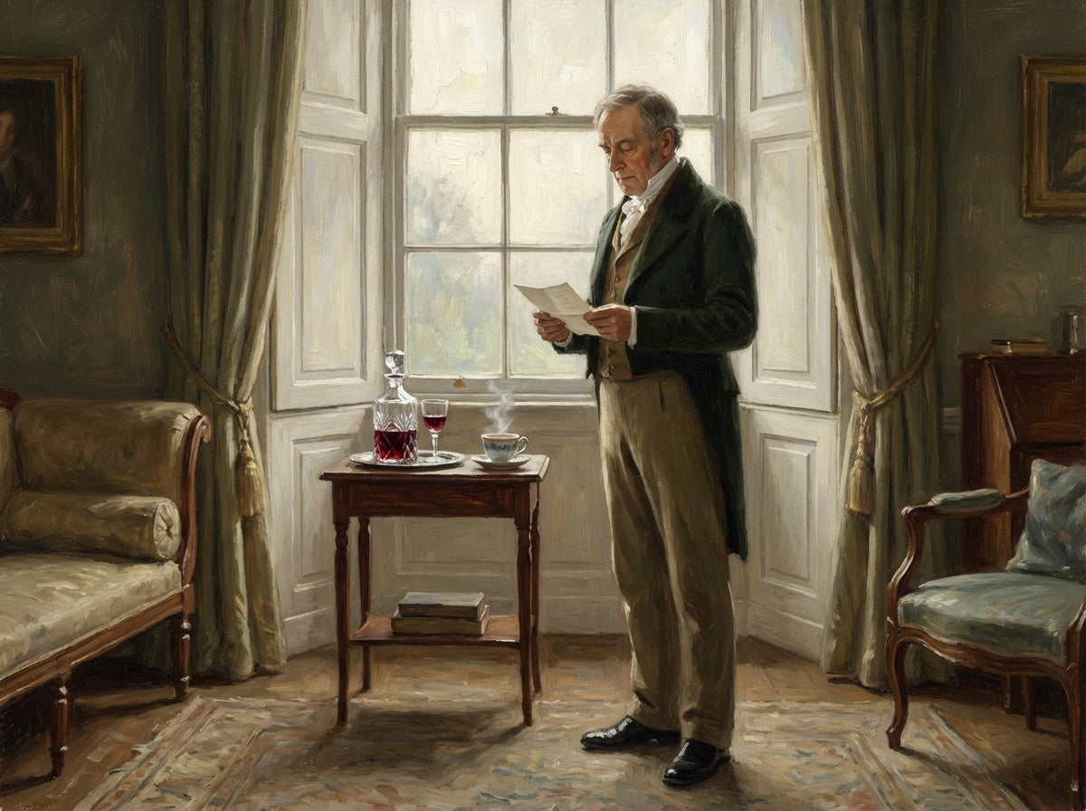 Mr. Bennet reading a letter next to a table with a decanter of sherry wine