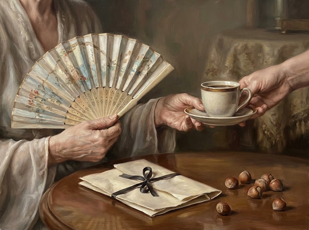 Painterly image of a cup of hazelnut coffee being served