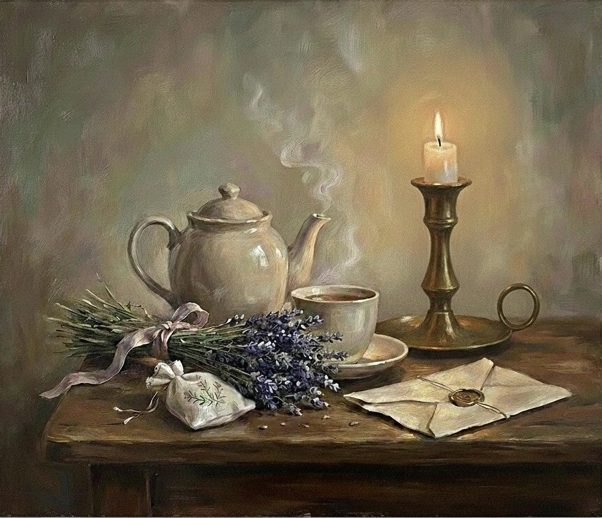 Painterly image of teapot, tea in cup, lavender, and candle